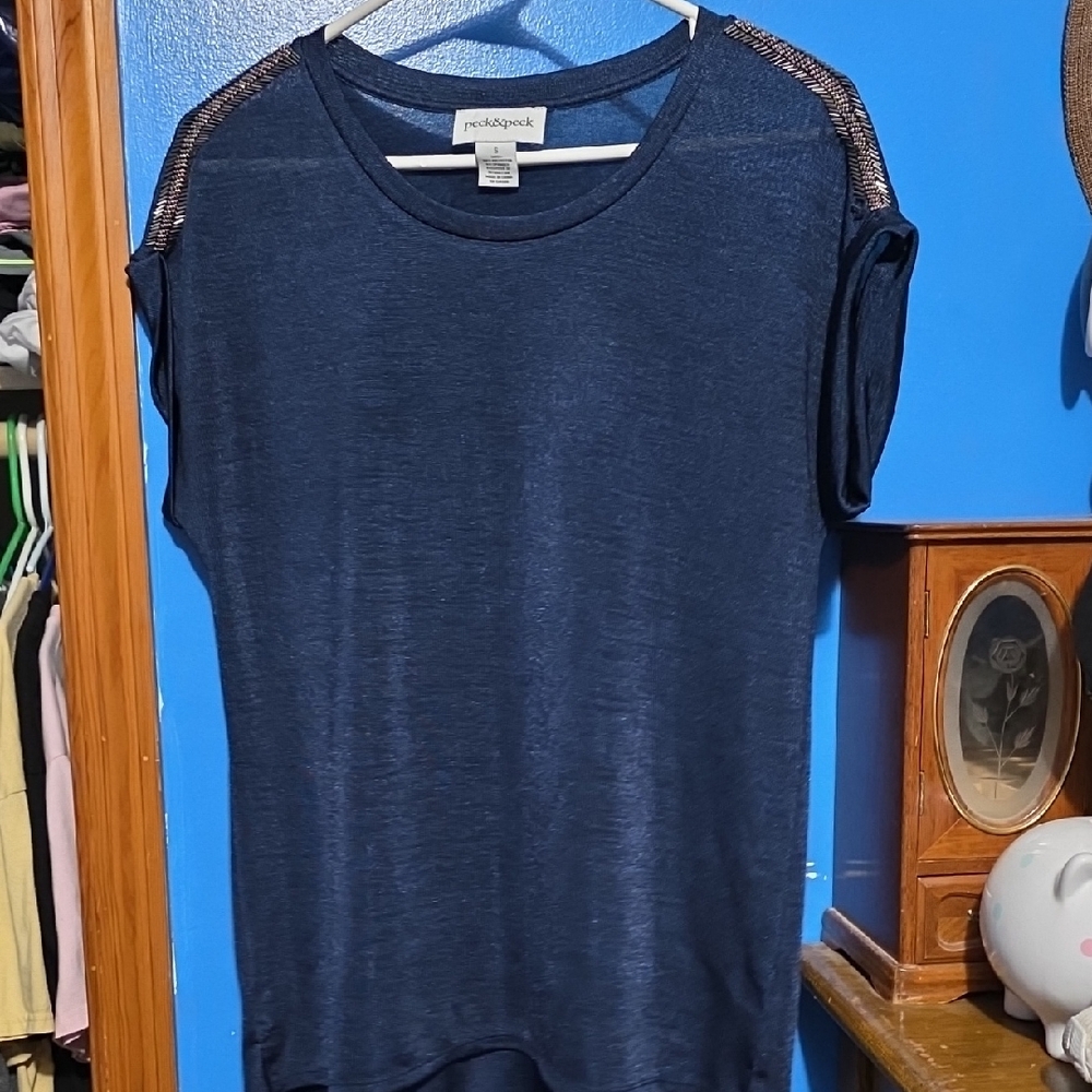 Peck & Peck Navy Blue Top with Metallic Shoulders